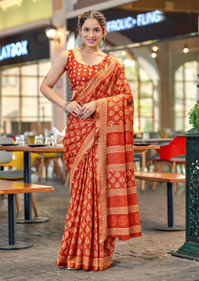 Divastri Floral Print Chanderi Cotton Blend Saree(Red)
