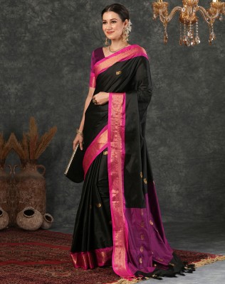 SIRIL Woven, Embellished Banarasi Silk Blend, Jacquard Saree(Black, Magenta)