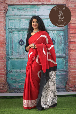 vaishnavi handicrafts Blocked Printed, Color Block, Floral Print, Printed Daily Wear Pure Cotton Saree(Red)