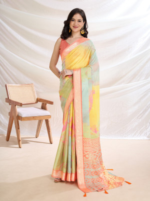Divastri Geometric Print, Woven, Printed Bollywood Crepe Saree(Pink, Yellow)