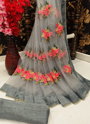 PATLANI STYLE Embroidered Bollywood Net Saree(Silver)