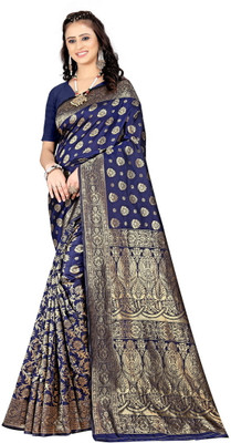DHAYNAAND REEWA FASHION Floral Print Banarasi Jacquard Saree(Dark Blue)