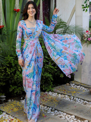 kaizen International Printed Bollywood Georgette Saree(Light Blue)