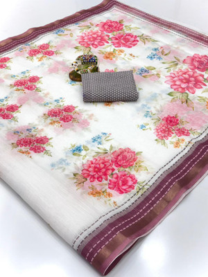 SDGRATITUDE Floral Print, Printed, Digital Print Daily Wear Cotton Linen, Linen Saree(White, Maroon)