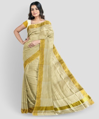 WOODLOOM Checkered Handloom Pure Cotton Saree(Gold, Beige)