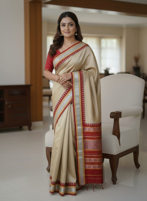 NationalSaree Temple Border Sambalpuri Art Silk Saree(Cream)