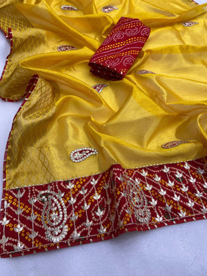 Dhanlaxmi Creation Embroidered Bandhani Cotton Blend Saree(Yellow)