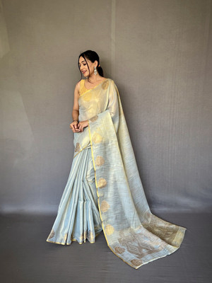 SGF11 Solid/Plain Handloom Tissue Saree(White)