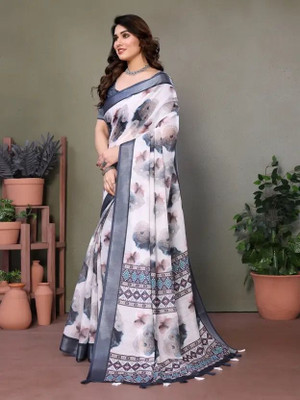 Pari Prints Woven Daily Wear Cotton Linen Saree(White)