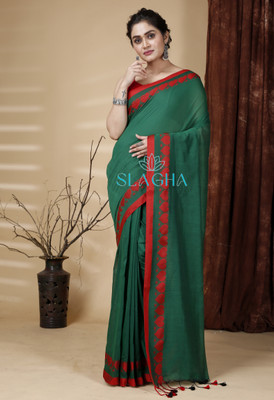 SLAGHA Woven Handloom Cotton Blend Saree(Green)