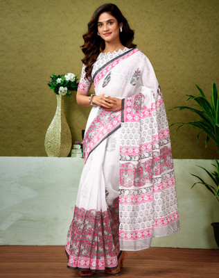 Divastri Floral Print, Geometric Print, Printed Sambalpuri Chanderi, Cotton Blend Saree(White)