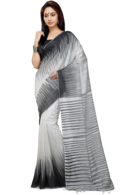 crochetin Woven Ikkat Handloom Cotton Silk Saree(White, Black)