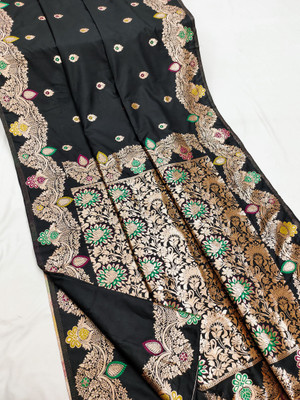 fospy Woven Banarasi Jacquard, Pure Silk Saree(Black)