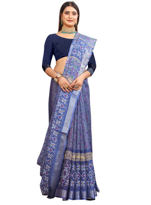 HouseOfCommon Printed Kanjivaram Pure Cotton, Cotton Linen Saree(Blue)
