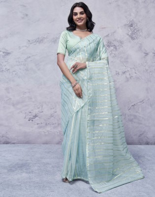 Divastri Woven, Embellished, Striped Bollywood Organza, Lace Saree(Blue)