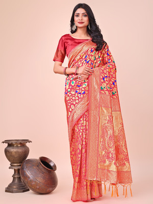 Tasrika Woven Kanjivaram Cotton Linen Saree(Orange)