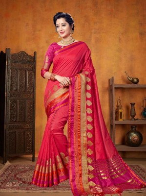 Manokamna Self Design, Embellished Kanjivaram Art Silk Saree(Red, Pink)