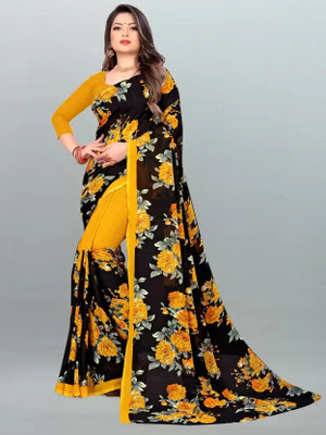 AMBUJAINTERNATIONAL Printed, Floral Print Bollywood Georgette Saree(Yellow)