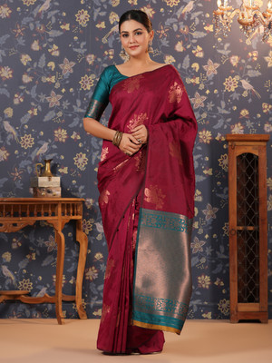 House of Pataudi Woven Banarasi Silk Blend Saree(Gold, Maroon)