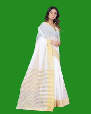 shree laxmi Woven Kasavu Pure Cotton Saree(White)