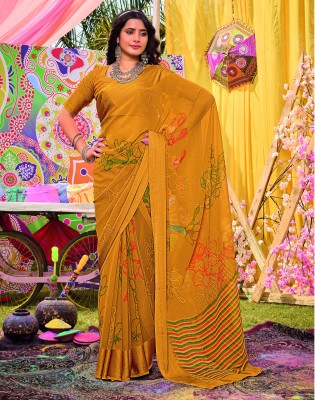 Satrani Floral Print, Geometric Print, Printed Bollywood Georgette Saree(Yellow, Multicolor)