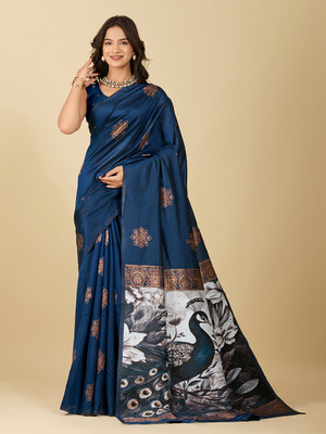 PRIMENIKS Woven, Printed, Digital Print Banarasi Pure Silk, Satin Saree(Dark Blue)