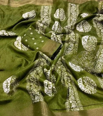 HouseOfCommon Printed Bollywood Cotton Linen Saree(Green)