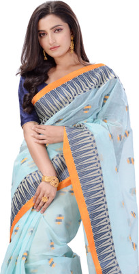 TANTLOOM Woven Handloom Pure Cotton Saree(Light Blue)