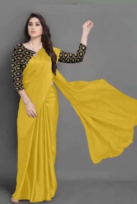 Aruna Sarees Solid/Plain Bollywood Satin Saree(Yellow)