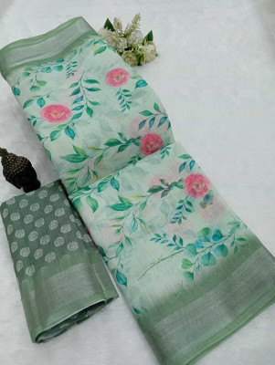 Gajal Digital Print, Floral Print Bollywood Linen Saree(Light Green)