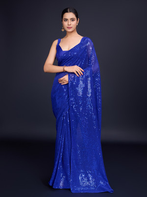 Bluebirdimpex Embellished Bollywood Georgette Saree(Blue)