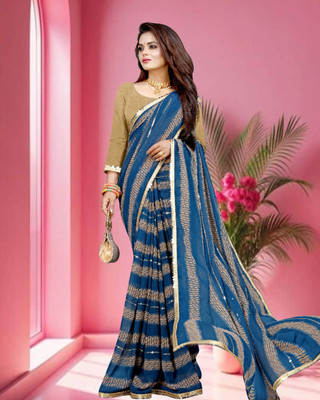 Jayu Digital Print, Embroidered, Printed, Striped Bollywood Georgette Saree(Blue)