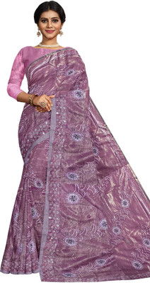 Kishori Fashion Store Floral Print Assam Silk Net Saree(Purple)