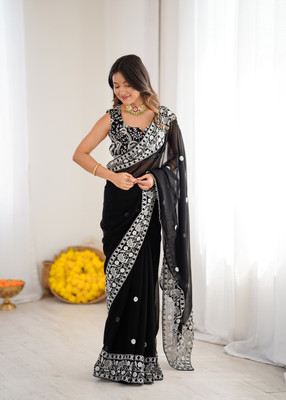 Sajavat Embroidered, Woven, Solid/Plain, Embellished Bollywood Georgette Saree(Black)