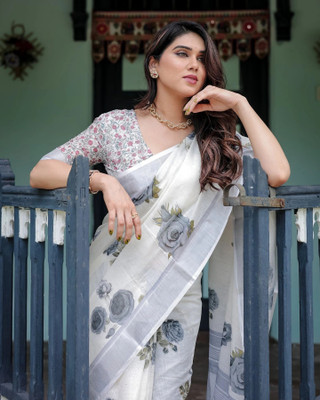 TANURI Printed Bollywood Cotton Linen, Art Silk Saree(White)