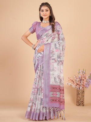 Divastri Printed Daily Wear Linen Saree(Beige)