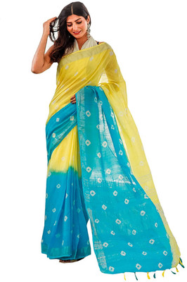 HAIDER ALI AND SONS Dyed, Printed Bhagalpuri Cotton Linen Saree(Yellow)