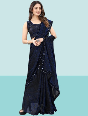 Vragi Floral Print Bollywood Lycra Blend Saree(Dark Blue)