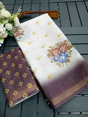 HouseOfCommon Printed Kanjivaram Linen, Cotton Linen Saree(White, Brown)