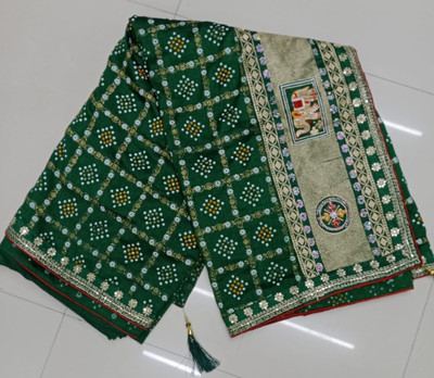 Manidhar creation Embroidered Bandhani Georgette Saree(Green)
