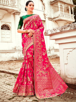 KanjiQueen Woven, Self Design Banarasi Silk Blend, Pure Silk Saree(Gold, Pink)