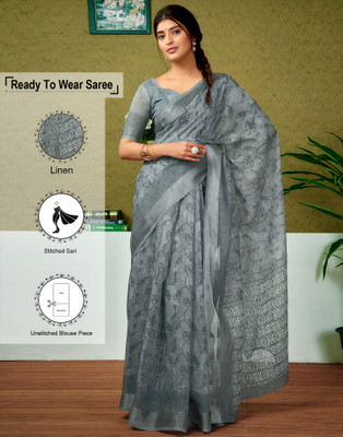 Samah Floral Print, Geometric Print, Embellished Bollywood Linen Saree(Grey)