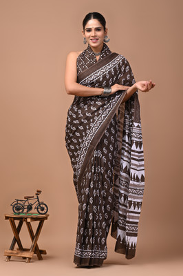 COTTON MULMUL STORE Printed Daily Wear Pure Cotton Saree(Brown, White)