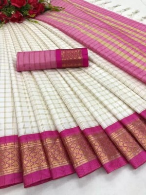 SSP TEX Woven Banarasi Cotton Silk, Silk Blend Saree(White, Pink)