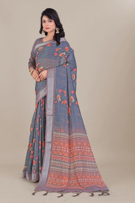 Laxmi Fashion Printed, Floral Print Assam Silk Jacquard, Cotton Silk Saree(Grey, Multicolor)