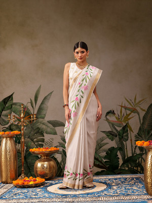 Divastri Floral Print Kasavu Art Silk Saree(White)