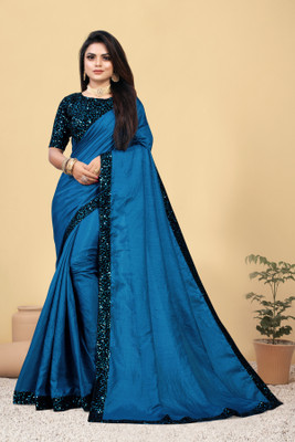 VARNI DESIGNER HUB Self Design Bollywood Silk Blend Saree(Blue)