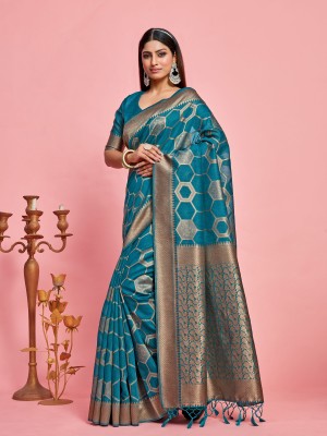 MIMOSA Woven Banarasi Linen Saree(Blue)