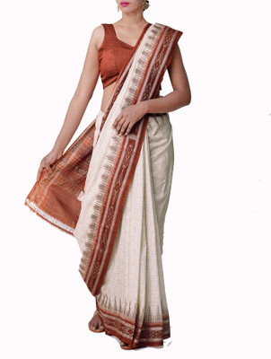 handloom paridhaan Dyed, Woven, Temple Border, Hand Painted Handloom Pure Cotton Saree(White, Brown)