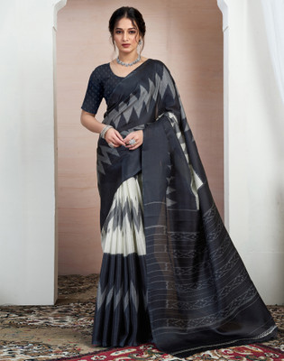 Samah Printed Ikkat Cotton Blend Saree(Black)
